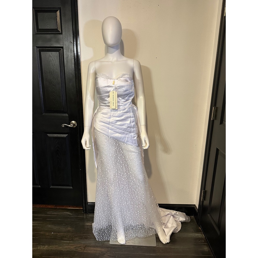 White‎ Strapless Satin and Sequined Mesh Wedding Dress Gown with Train NWT